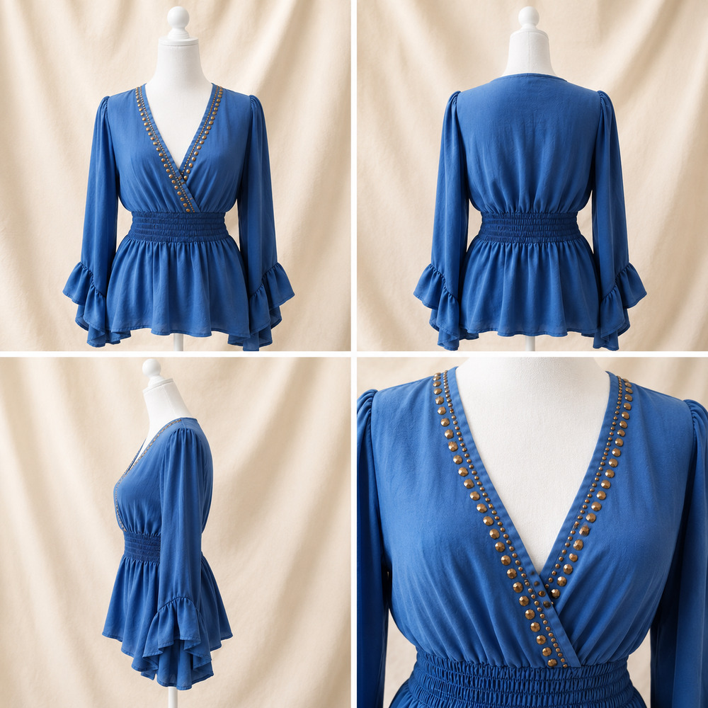 Venus M Gem Faux Wrap Peplum Top Boho Luxe Romantic Bell Sleeve Festival Western